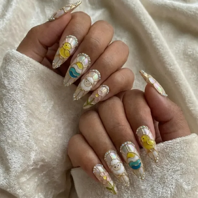 bunny nail art, lamb nail art, press on nails, custom press on nails, fake nails, Nails Art, stained glass nails, gold press on nails, 3d press on nails, luxury press on nails, handmade press on nails