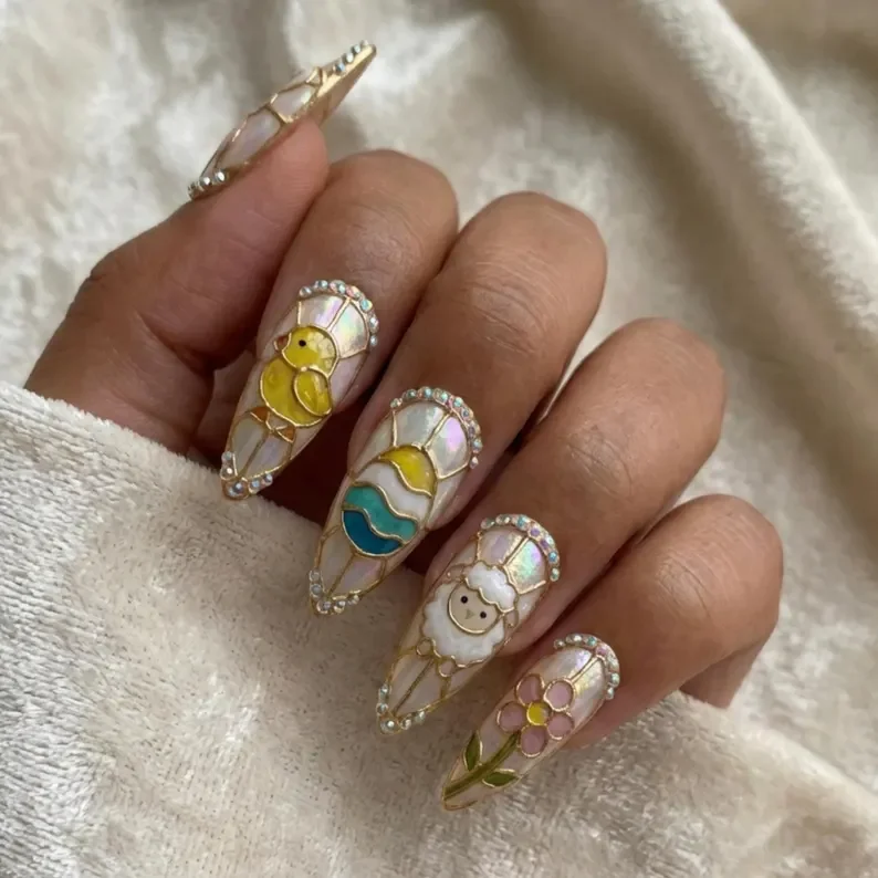 easter nail design, stained glass nails, press on nails, custom press on nails, fake nails, Nails Art, gold press on nails, 3d press on nails, luxury press on nails, handmade press on nails