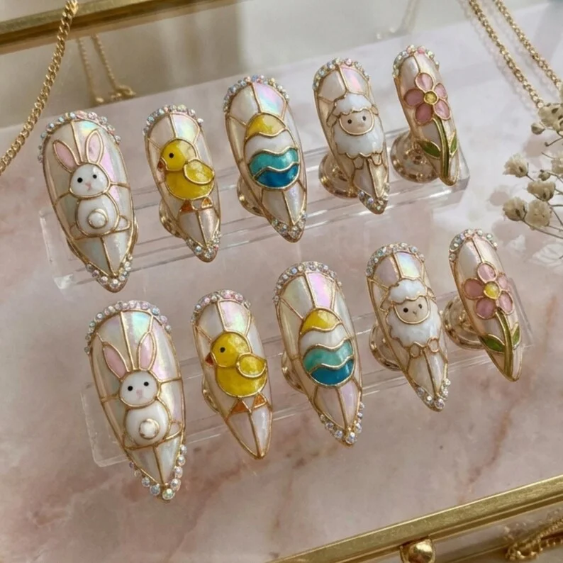 spring cathedral, easter stained glass, press on nails, custom press on nails, fake nails, Nails Art, stained glass nails, gold press on nails, 3d press on nails, luxury press on nails, handmade press on nails