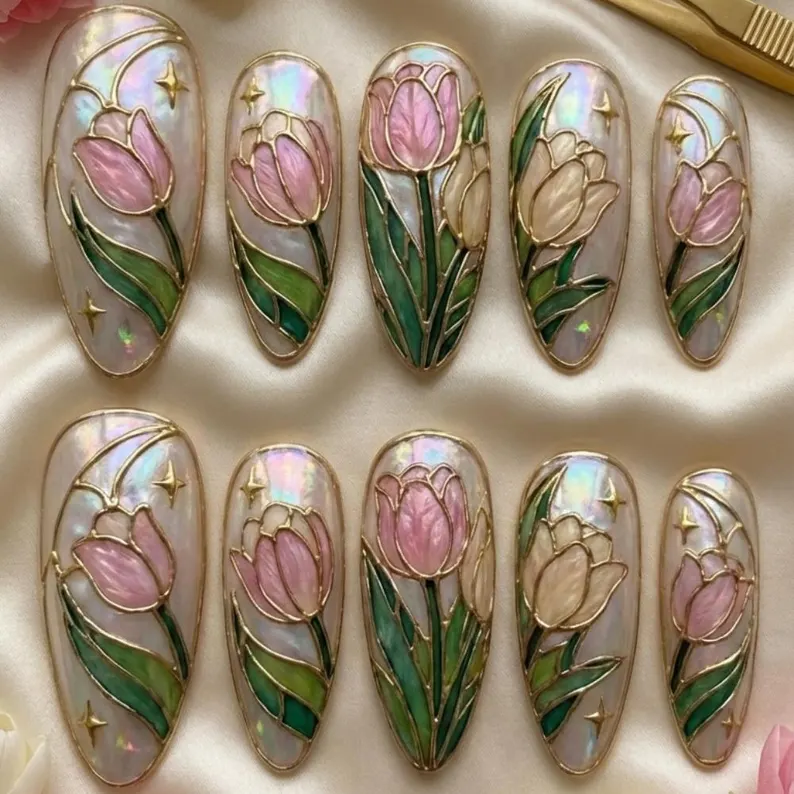 cottagecore press on nails, stained glass nails, press on nails, custom press on nails, fake nails, Nails Art, gold press on nails, 3d press on nails, luxury press on nails, handmade press on nails