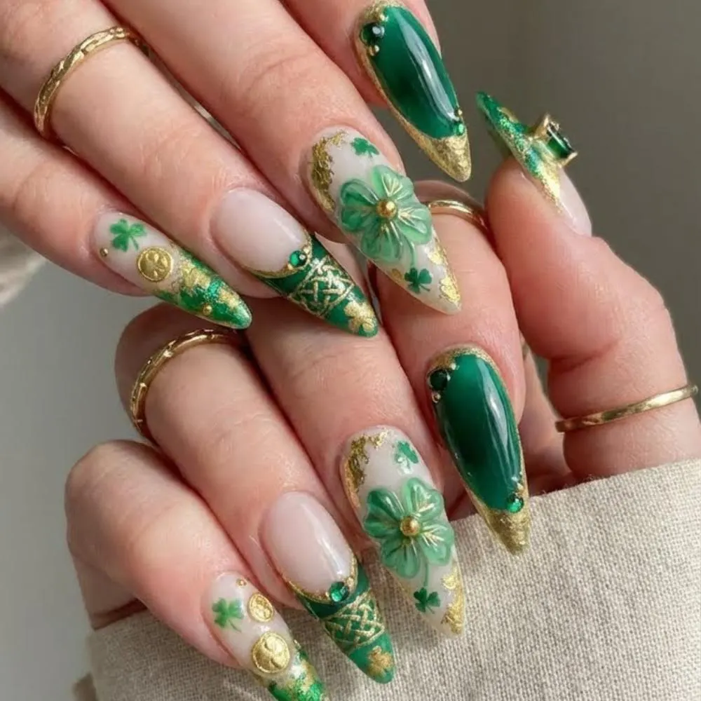 St. Patrick's Day, Press On Nails, press on nails, custom press on nails, fake nails, Nails Art, stained glass nails, gold press on nails, 3d press on nails, luxury press on nails, handmade press on nails