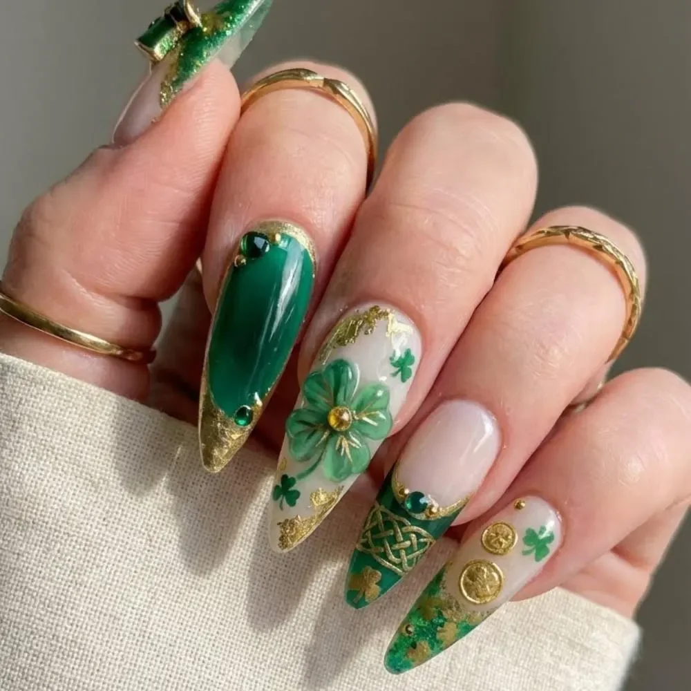 3D Shamrock, Celtic Coin Art, press on nails, custom press on nails, fake nails, Nails Art, stained glass nails, gold press on nails, 3d press on nails, luxury press on nails, handmade press on nails