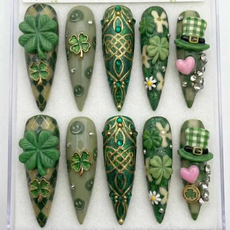 St. Patrick's Day, Press On Nails, press on nails, custom press on nails, fake nails, Nails Art, stained glass nails, gold press on nails, 3d press on nails, luxury press on nails, handmade press on nails