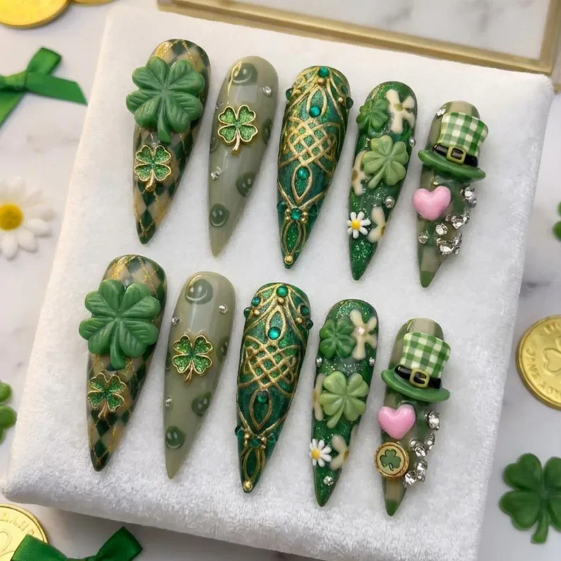 St. Patrick's Day, Press On Nails, press on nails, custom press on nails, fake nails, Nails Art, stained glass nails, gold press on nails, 3d press on nails, luxury press on nails, handmade press on nails