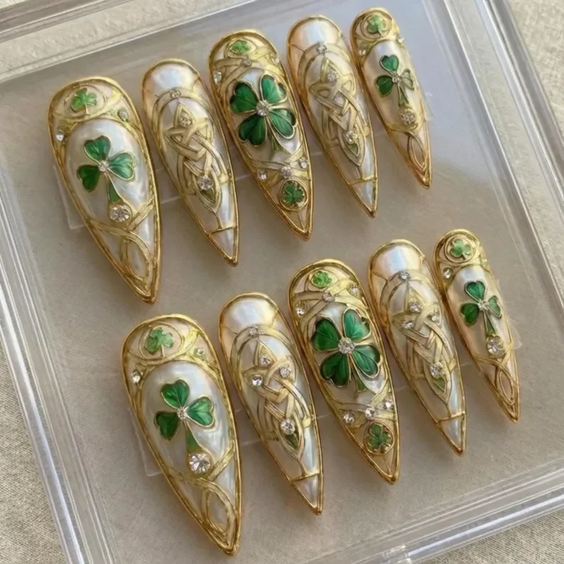 Irish themed nails, festive nail art, press on nails, custom press on nails, fake nails, Nails Art, stained glass nails, gold press on nails, 3d press on nails, luxury press on nails, handmade press on nails