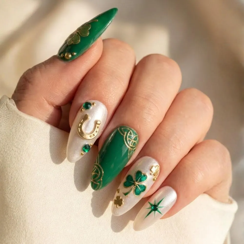 St. Patrick's Day, Press On Nails, press on nails, custom press on nails, fake nails, Nails Art, stained glass nails, gold press on nails, 3d press on nails, luxury press on nails, handmade press on nails