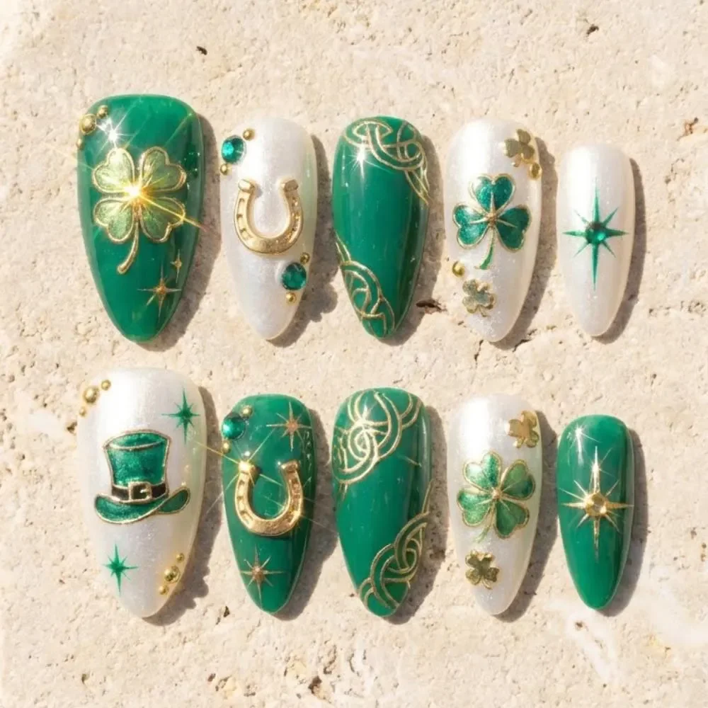 Emerald Green, Shamrock Nails, press on nails, custom press on nails, fake nails, Nails Art, stained glass nails, gold press on nails, 3d press on nails, luxury press on nails, handmade press on nails