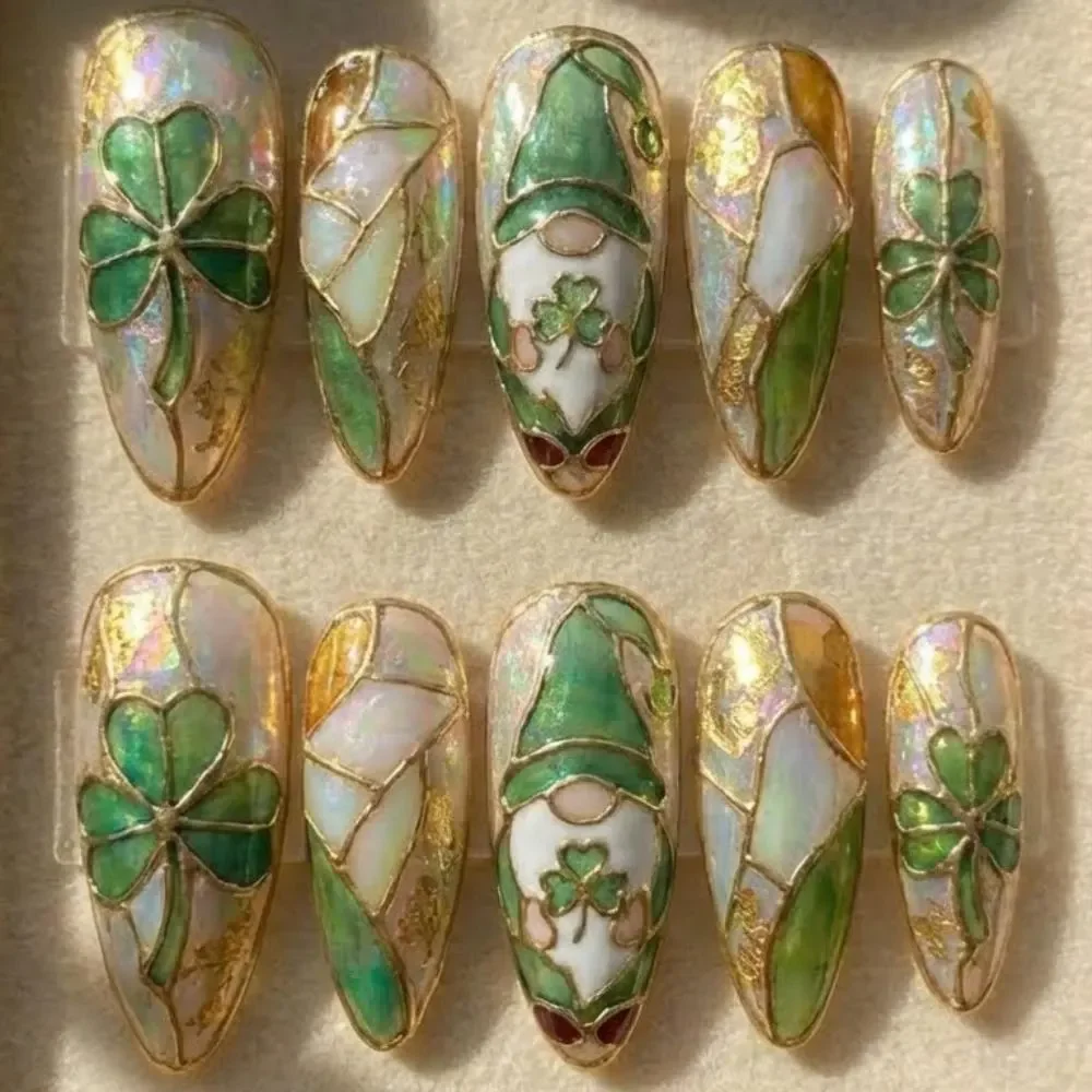 St. Patrick's Day, Press On Nails, press on nails, custom press on nails, fake nails, Nails Art, stained glass nails, gold press on nails, 3d press on nails, luxury press on nails, handmade press on nails