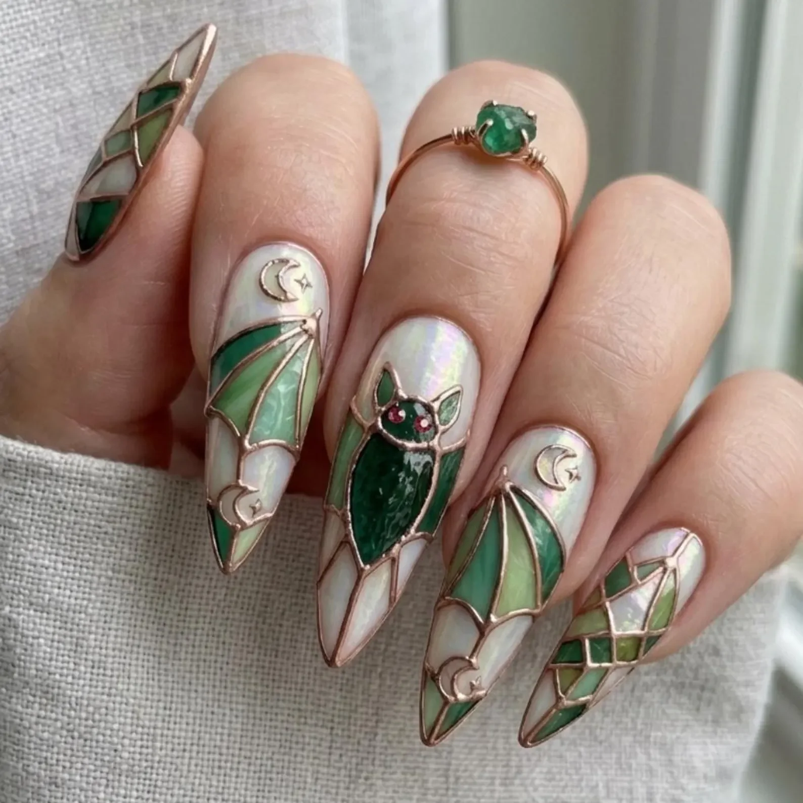 emerald green nails, opal iridescent, press on nails, custom press on nails, fake nails, Nails Art, stained glass nails, gold press on nails, 3d press on nails, luxury press on nails, handmade press on nails