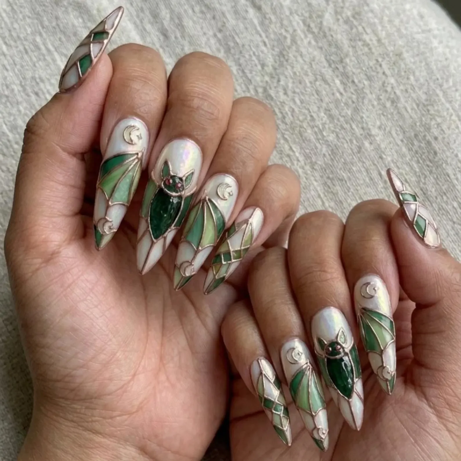 iridescent nails, bat nail design, press on nails, custom press on nails, fake nails, Nails Art, stained glass nails, gold press on nails, 3d press on nails, luxury press on nails, handmade press on nails
