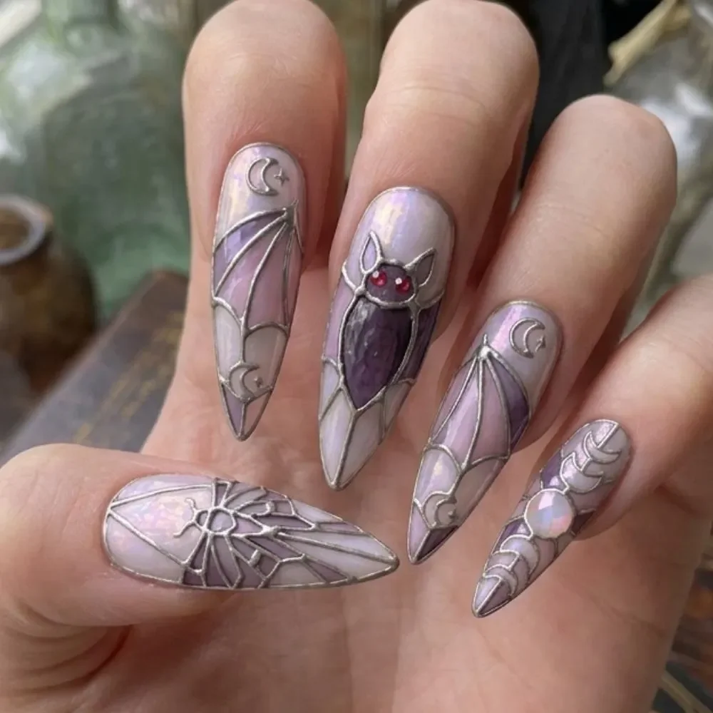 iridescent nails, moth moon phases, press on nails, custom press on nails, fake nails, Nails Art, stained glass nails, gold press on nails, 3d press on nails, luxury press on nails, handmade press on nails