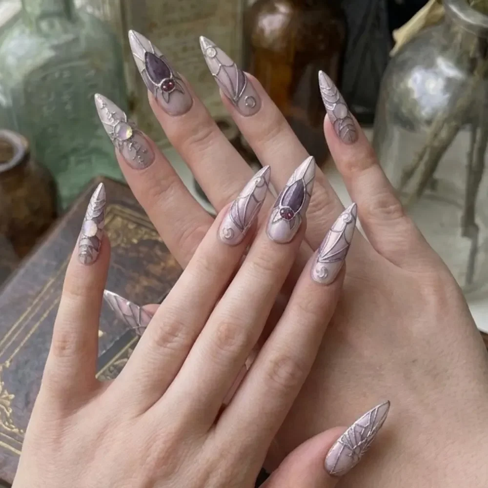 silver gothic, moon phase nails, press on nails, custom press on nails, fake nails, Nails Art, stained glass nails, gold press on nails, 3d press on nails, luxury press on nails, handmade press on nails