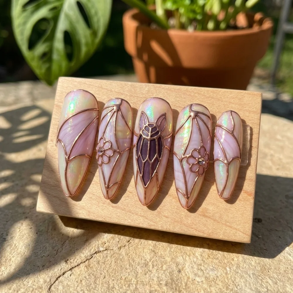 iridescent purple, rose gold nails, press on nails, custom press on nails, fake nails, Nails Art, stained glass nails, gold press on nails, 3d press on nails, luxury press on nails, handmade press on nails