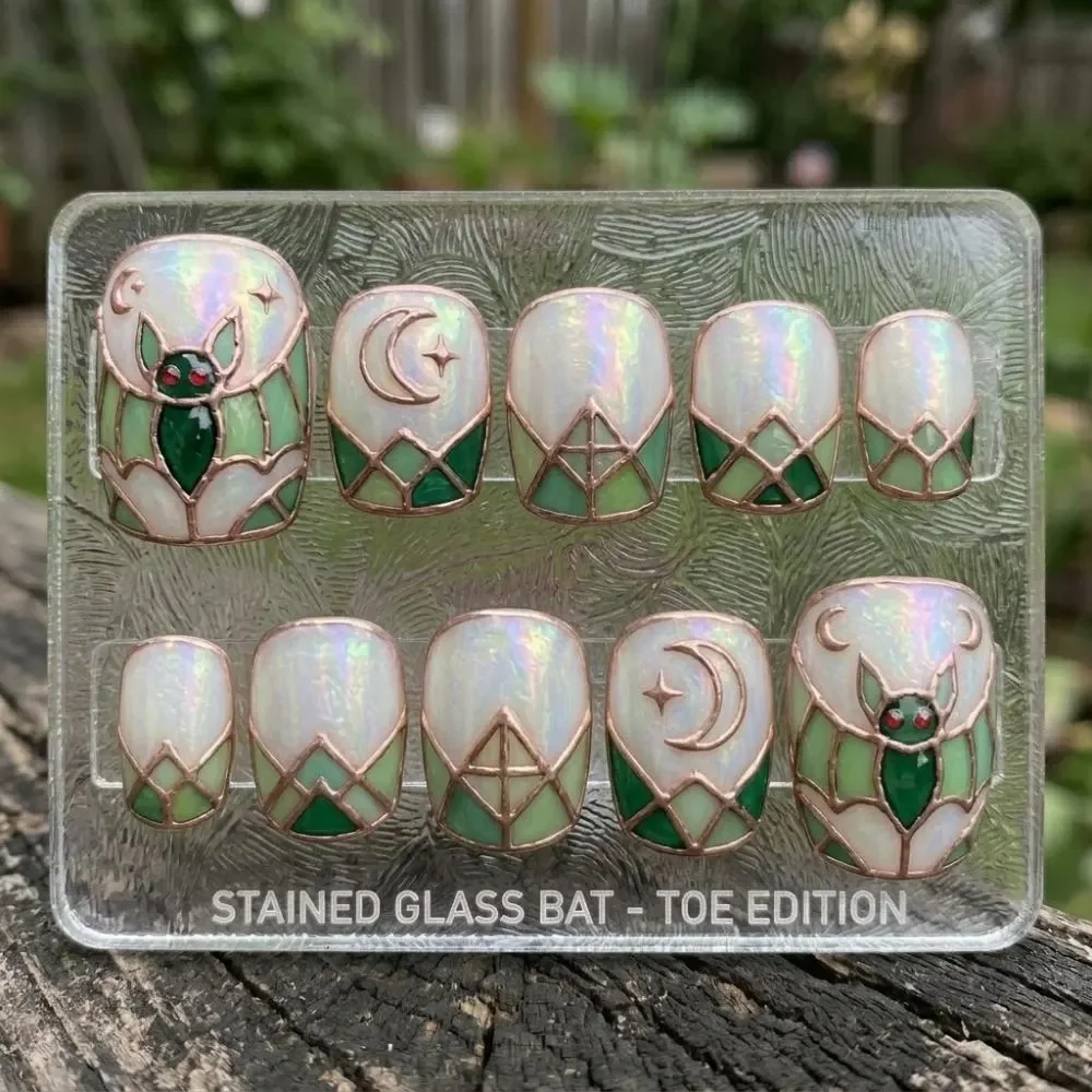 stained glass, bat press on, press on nails, custom press on nails, fake nails, Nails Art, stained glass nails, gold press on nails, 3d press on nails, luxury press on nails, handmade press on nails