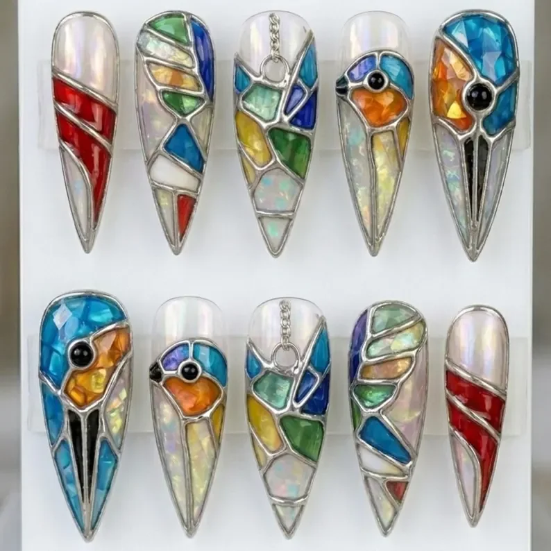 stained glass nails, press on nails, custom press on nails, fake nails, Nails Art, gold press on nails, 3d press on nails, luxury press on nails, handmade press on nails