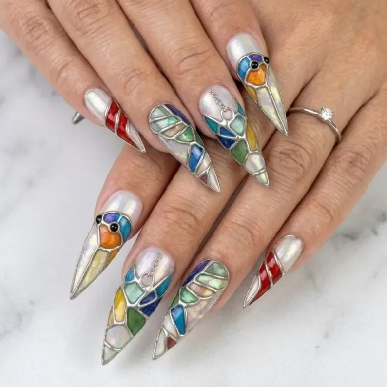 stained glass manicure, mosaic nail art, press on nails, custom press on nails, fake nails, Nails Art, stained glass nails, gold press on nails, 3d press on nails, luxury press on nails, handmade press on nails