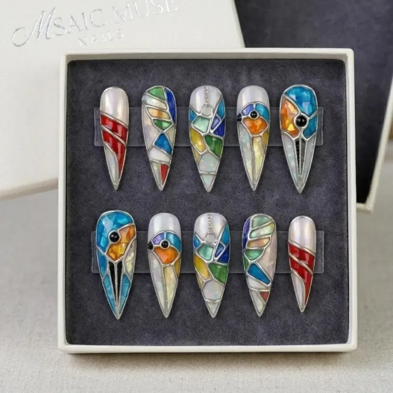 stained glass nails, press on nails, custom press on nails, fake nails, Nails Art, gold press on nails, 3d press on nails, luxury press on nails, handmade press on nails