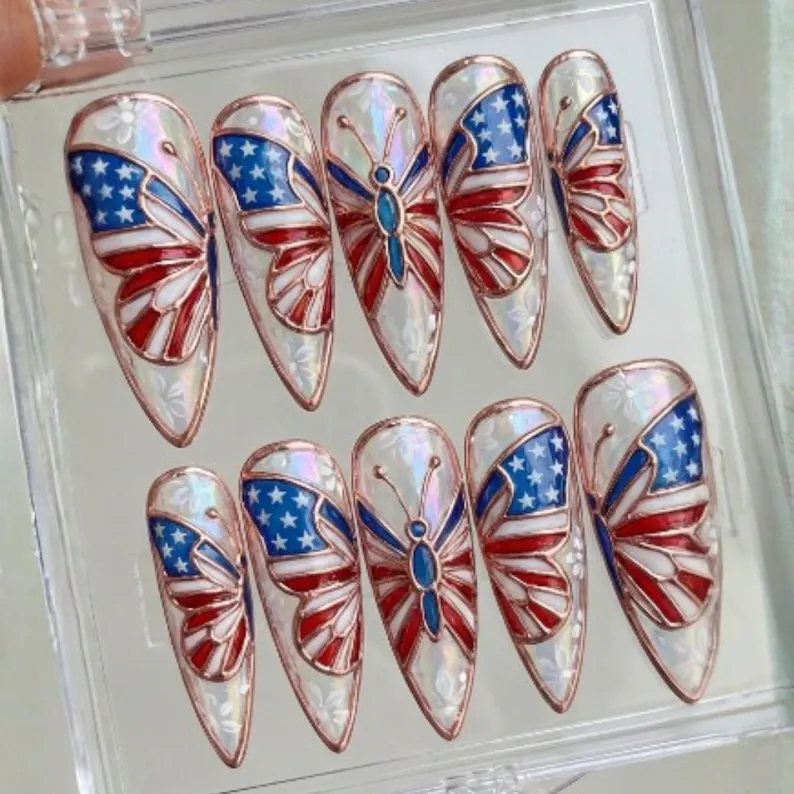USA flag nails, Americana nail art, press on nails, custom press on nails, fake nails, Nails Art, stained glass nails, gold press on nails, 3d press on nails, luxury press on nails, handmade press on nails