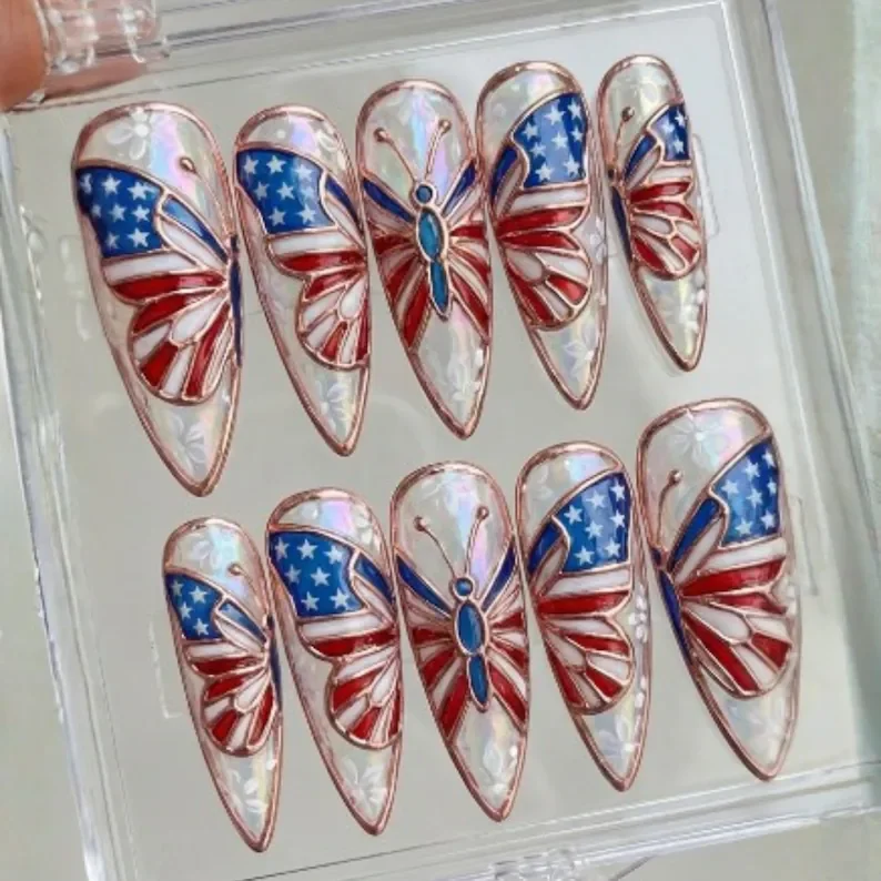 stained glass butterfly, patriotic press on nails, press on nails, custom press on nails, fake nails, Nails Art, stained glass nails, gold press on nails, 3d press on nails, luxury press on nails, handmade press on nails