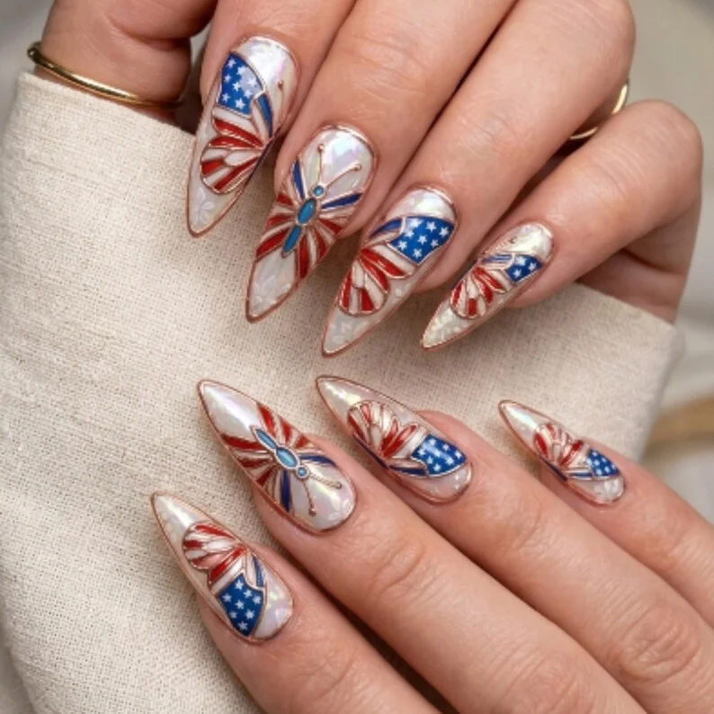patriotic nail art, USA flag wings, press on nails, custom press on nails, fake nails, Nails Art, stained glass nails, gold press on nails, 3d press on nails, luxury press on nails, handmade press on nails