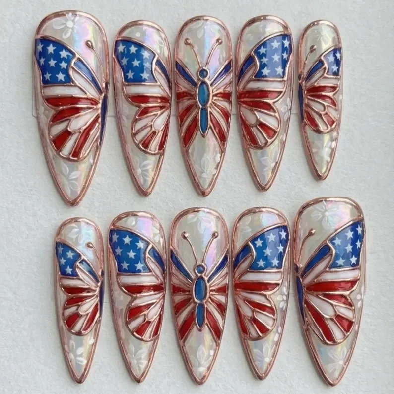 stained glass butterfly, patriotic press on nails, press on nails, custom press on nails, fake nails, Nails Art, stained glass nails, gold press on nails, 3d press on nails, luxury press on nails, handmade press on nails