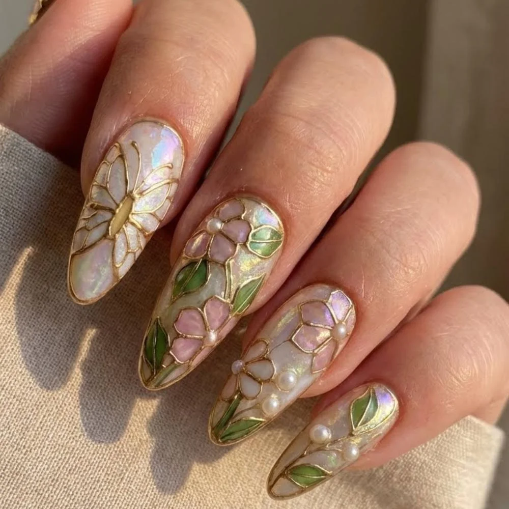 3D gold floral, mosaic nail art, press on nails, custom press on nails, fake nails, Nails Art, stained glass nails, gold press on nails, 3d press on nails, luxury press on nails, handmade press on nails