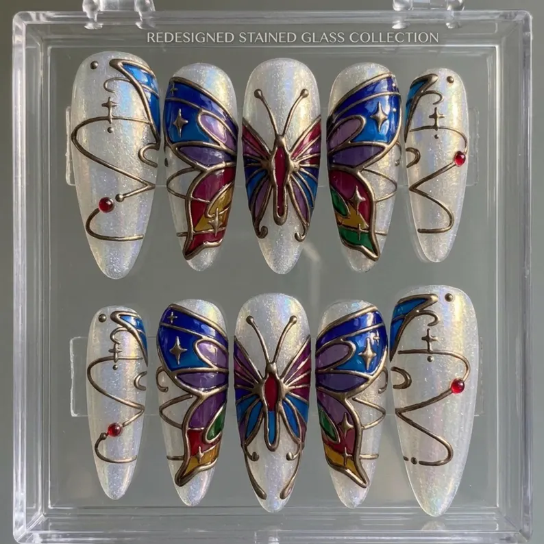 iridescent 3d, mosaic nail art, press on nails, custom press on nails, fake nails, Nails Art, stained glass nails, gold press on nails, 3d press on nails, luxury press on nails, handmade press on nails