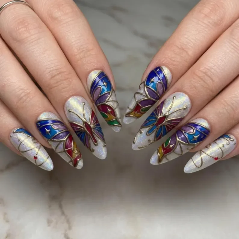 iridescent 3d, mosaic nail art, press on nails, custom press on nails, fake nails, Nails Art, stained glass nails, gold press on nails, 3d press on nails, luxury press on nails, handmade press on nails