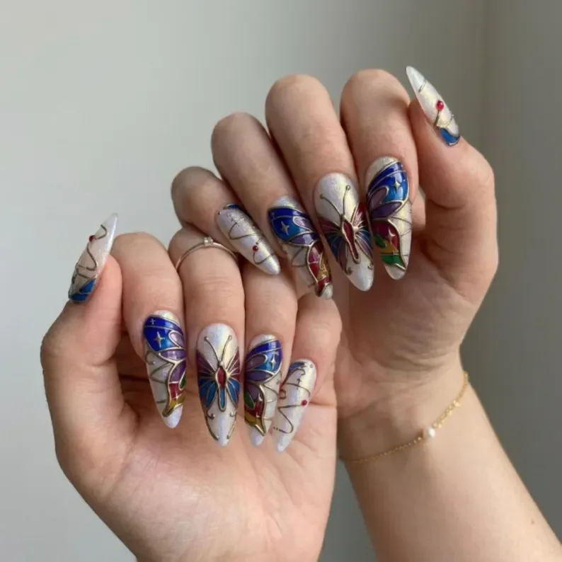 fairycore nails, iridescent press ons, press on nails, custom press on nails, fake nails, Nails Art, stained glass nails, gold press on nails, 3d press on nails, luxury press on nails, handmade press on nails