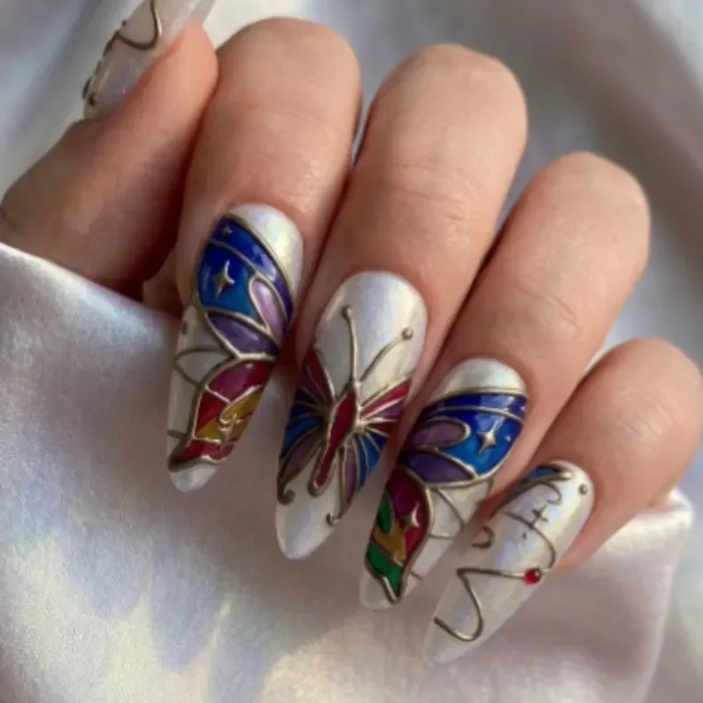 3d mosaic nails, butterfly nail design, press on nails, custom press on nails, fake nails, Nails Art, stained glass nails, gold press on nails, 3d press on nails, luxury press on nails, handmade press on nails