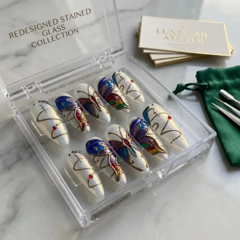 stained glass nails, butterfly press on, press on nails, custom press on nails, fake nails, Nails Art, gold press on nails, 3d press on nails, luxury press on nails, handmade press on nails