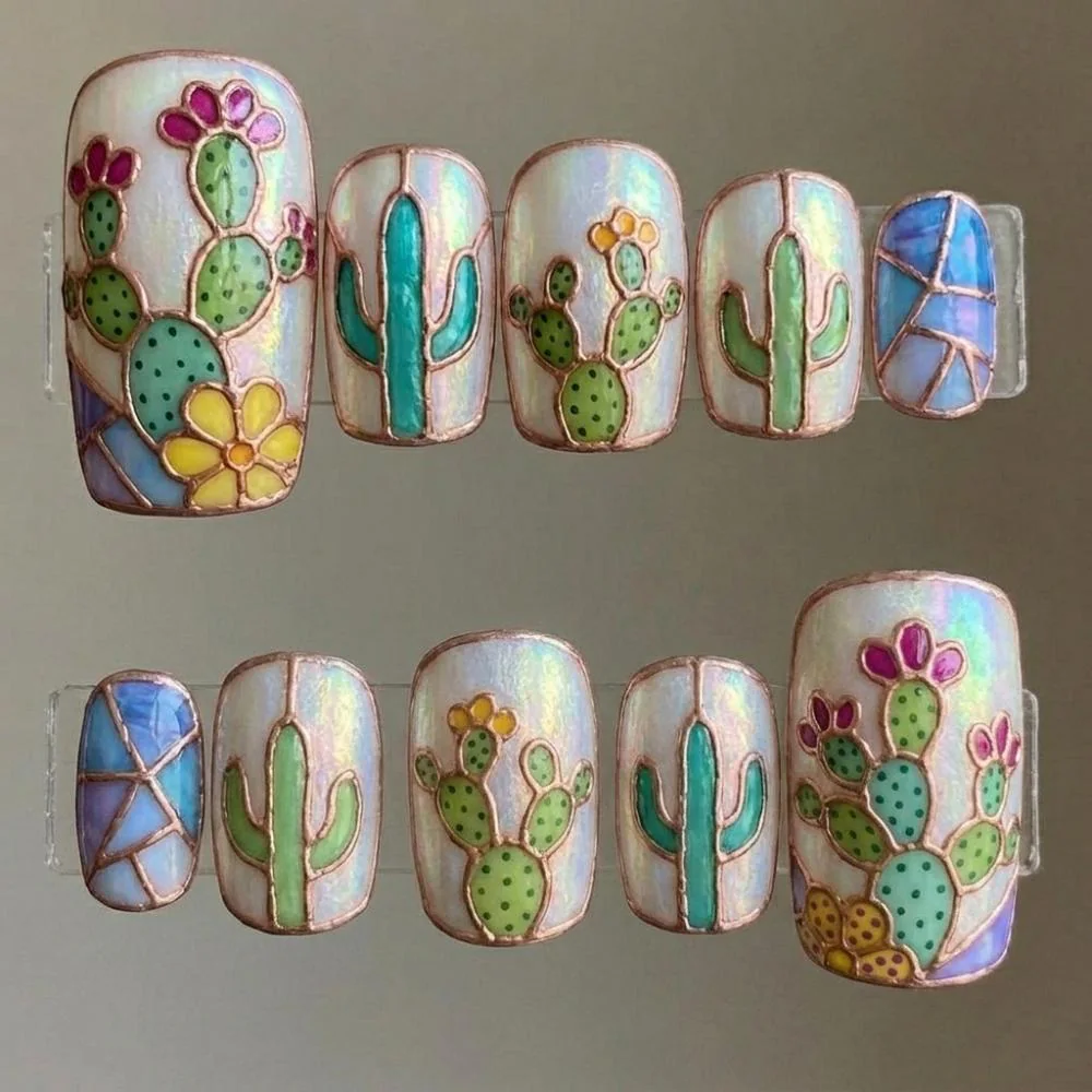 stained glass cactus, press on toes, press on nails, custom press on nails, fake nails, Nails Art, stained glass nails, gold press on nails, 3d press on nails, luxury press on nails, handmade press on nails