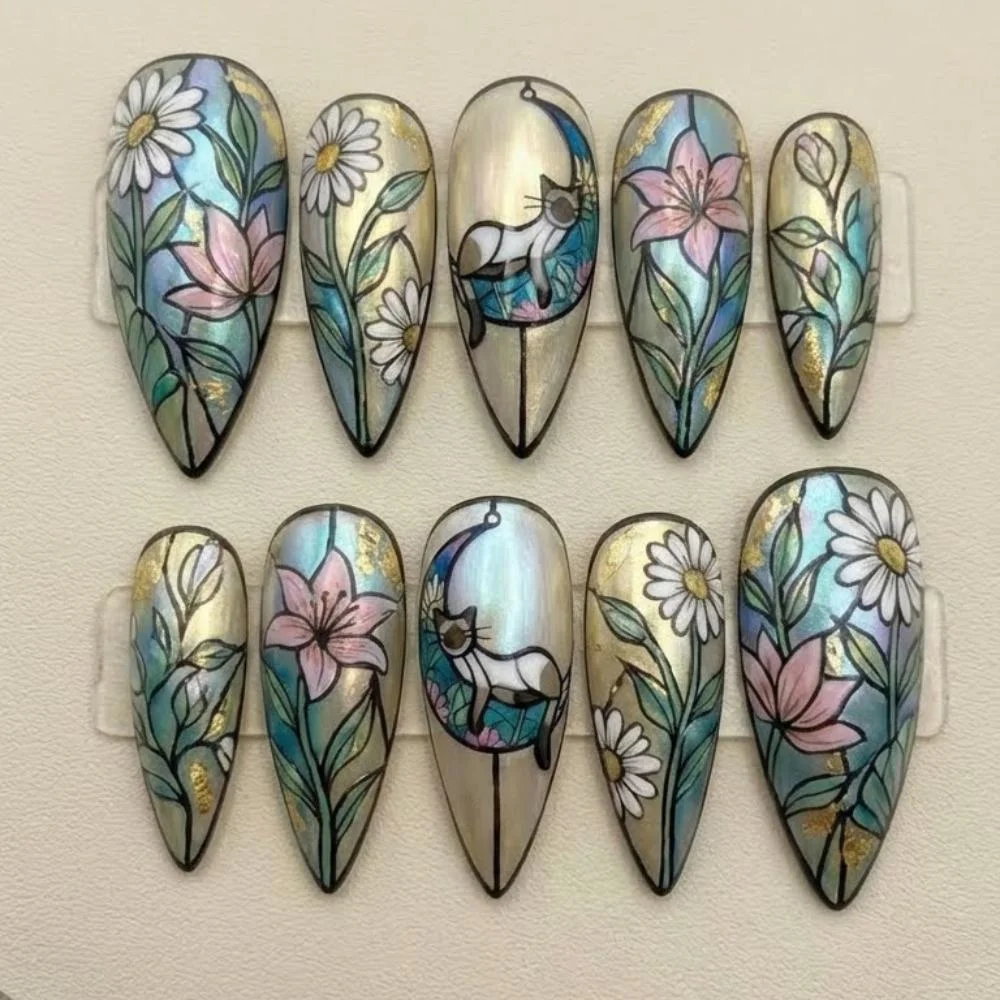 art nouveau nails, floral press ons, press on nails, custom press on nails, fake nails, Nails Art, stained glass nails, gold press on nails, 3d press on nails, luxury press on nails, handmade press on nails