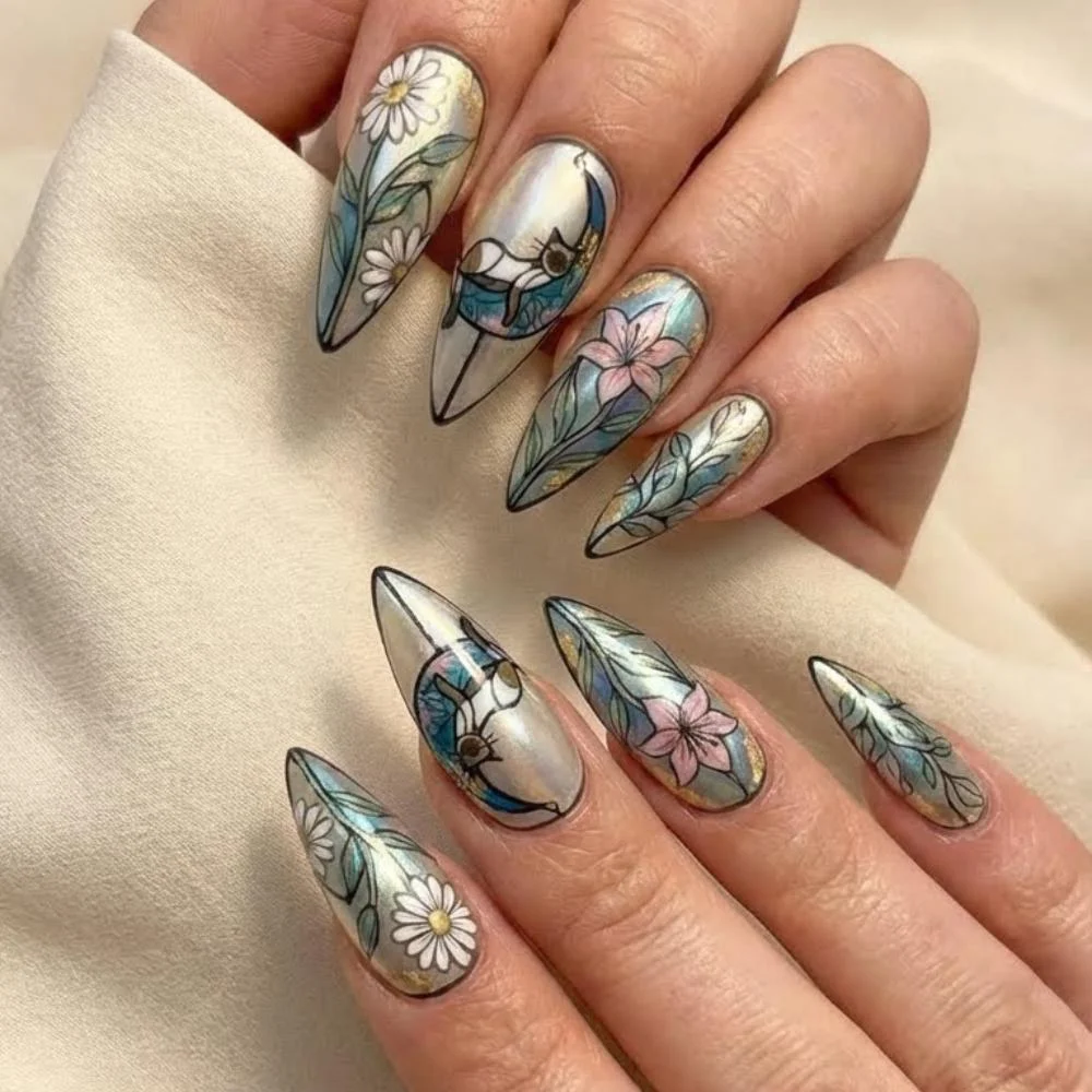 moon cat design, stained glass art, press on nails, custom press on nails, fake nails, Nails Art, stained glass nails, gold press on nails, 3d press on nails, luxury press on nails, handmade press on nails