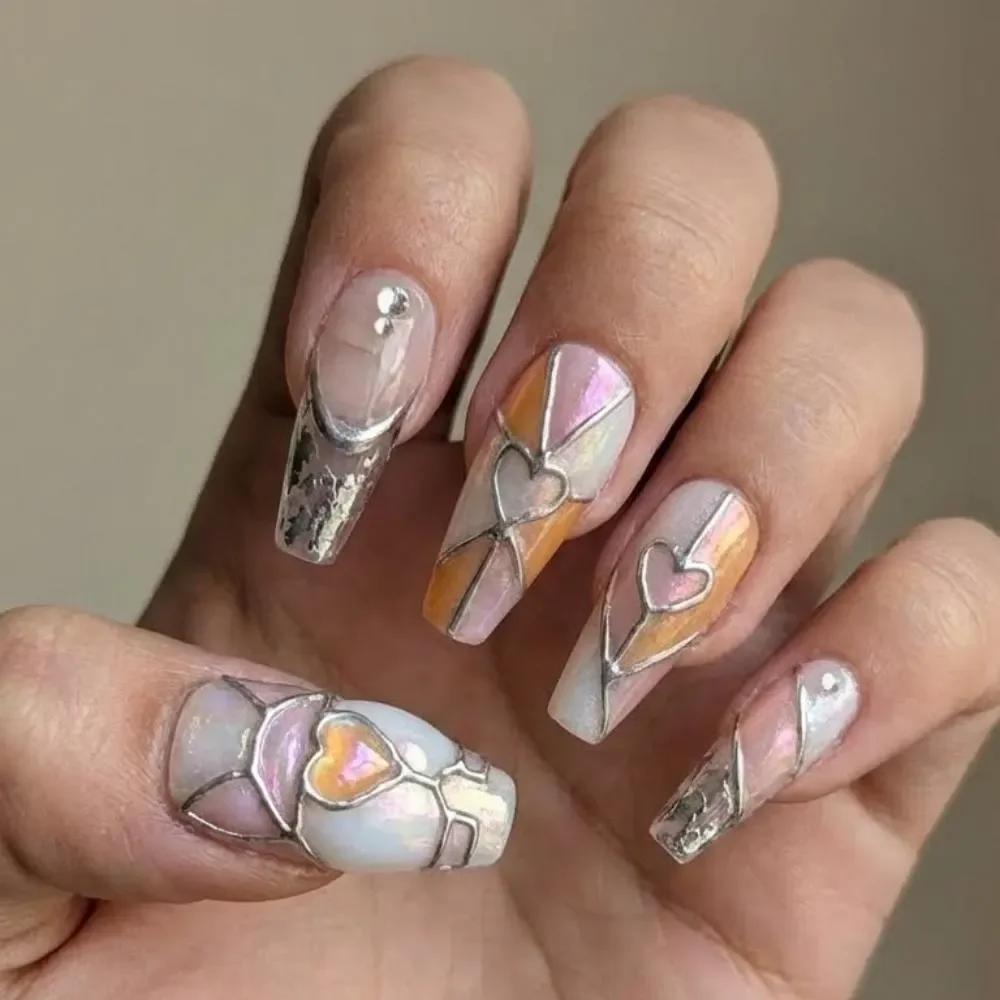 aurora heart, silver outline, press on nails, custom press on nails, fake nails, Nails Art, stained glass nails, gold press on nails, 3d press on nails, luxury press on nails, handmade press on nails