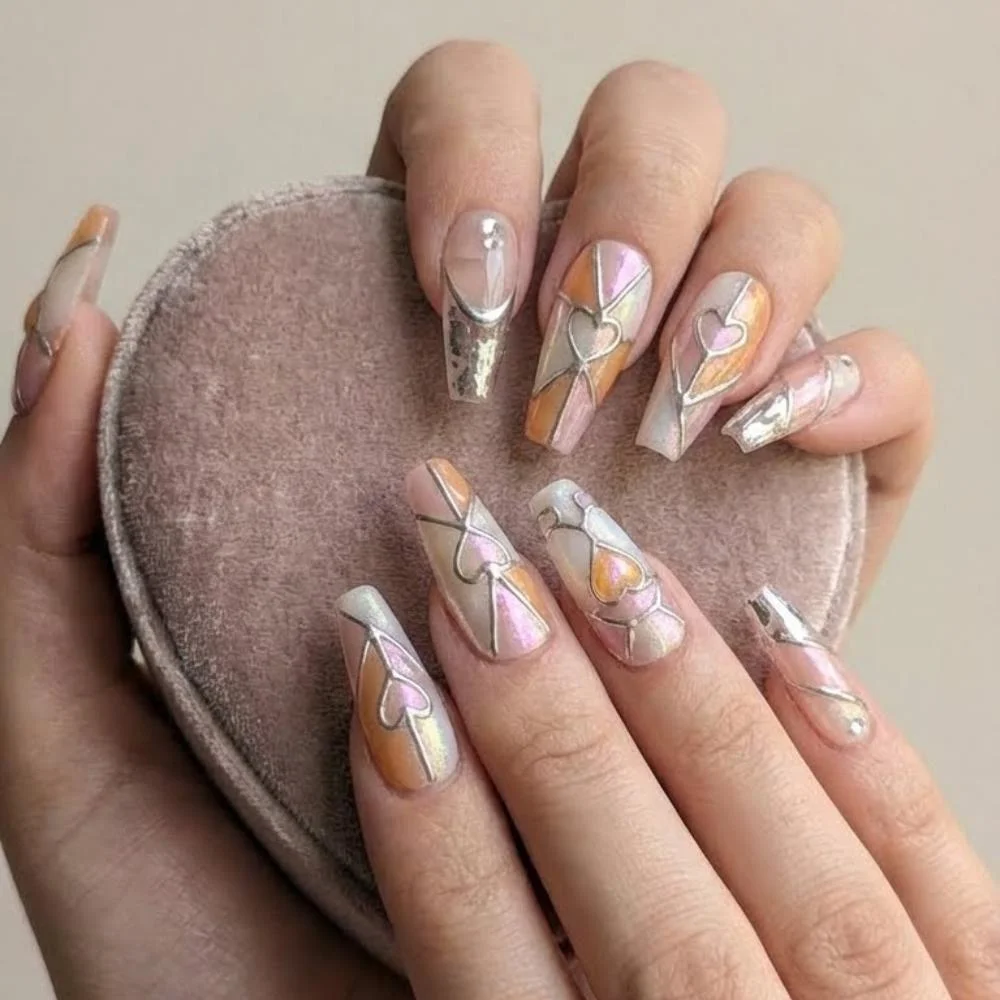 heart themed nails, corgi nail art, press on nails, custom press on nails, fake nails, Nails Art, stained glass nails, gold press on nails, 3d press on nails, luxury press on nails, handmade press on nails