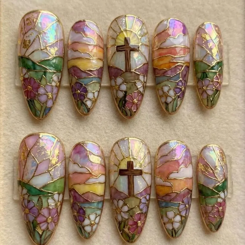 stained glass nails, press on nails, custom press on nails, fake nails, Nails Art, gold press on nails, 3d press on nails, luxury press on nails, handmade press on nails
