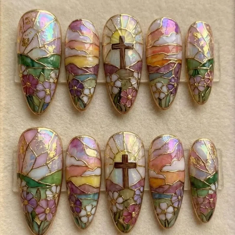 stained glass nails, press on nails, custom press on nails, fake nails, Nails Art, gold press on nails, 3d press on nails, luxury press on nails, handmade press on nails