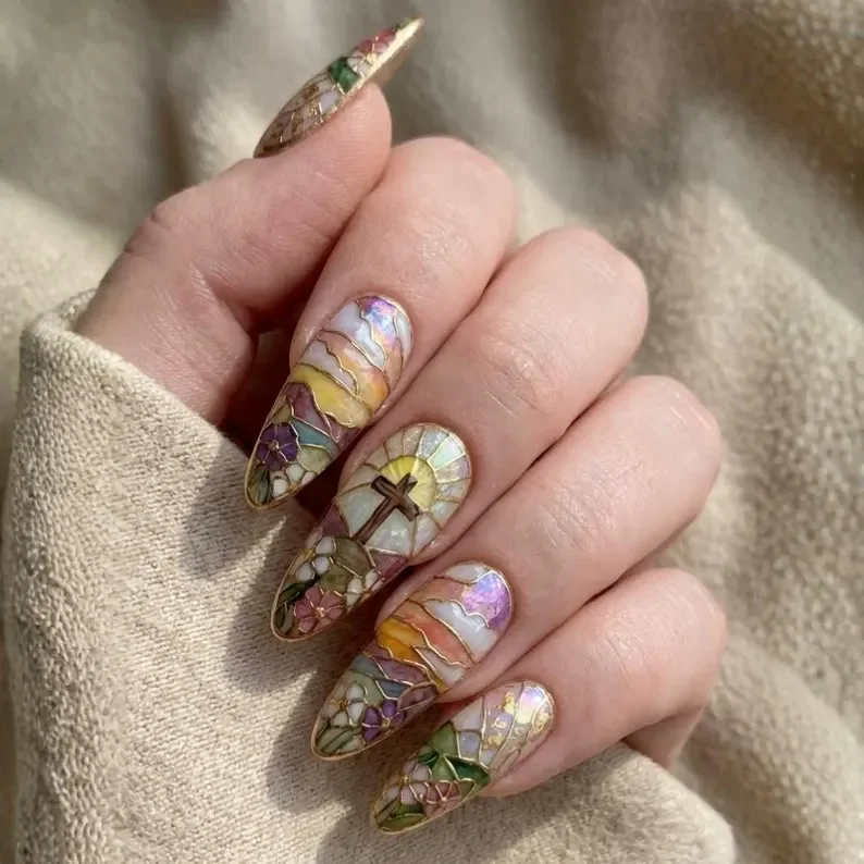 iridescent nails, christian nail art, press on nails, custom press on nails, fake nails, Nails Art, stained glass nails, gold press on nails, 3d press on nails, luxury press on nails, handmade press on nails