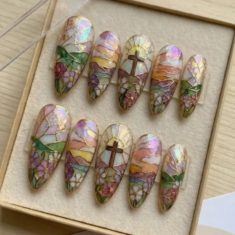 cross nail design, iridescent cross nails, press on nails, custom press on nails, fake nails, Nails Art, stained glass nails, gold press on nails, 3d press on nails, luxury press on nails, handmade press on nails