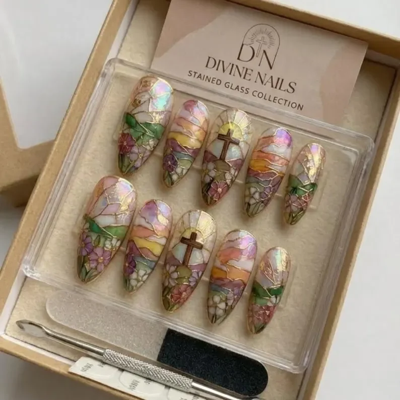 religious nail art, glossy nail set, press on nails, custom press on nails, fake nails, Nails Art, stained glass nails, gold press on nails, 3d press on nails, luxury press on nails, handmade press on nails