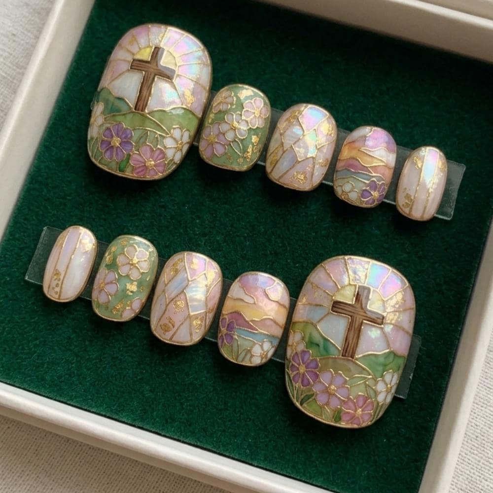 stained glass cross, toe nail art, press on nails, custom press on nails, fake nails, Nails Art, stained glass nails, gold press on nails, 3d press on nails, luxury press on nails, handmade press on nails