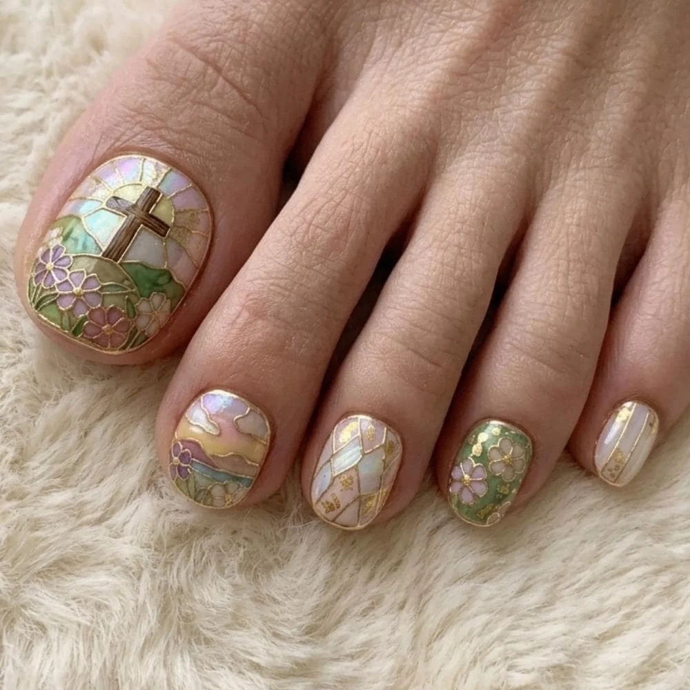 mosaic pedi, iridescent nails, press on nails, custom press on nails, fake nails, Nails Art, stained glass nails, gold press on nails, 3d press on nails, luxury press on nails, handmade press on nails