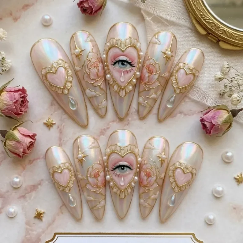stained glass nails, crying heart design, press on nails, custom press on nails, fake nails, Nails Art, gold press on nails, 3d press on nails, luxury press on nails, handmade press on nails