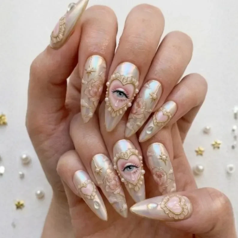 press on nails, 3D gold nails, custom press on nails, fake nails, Nails Art, stained glass nails, gold press on nails, 3d press on nails, luxury press on nails, handmade press on nails