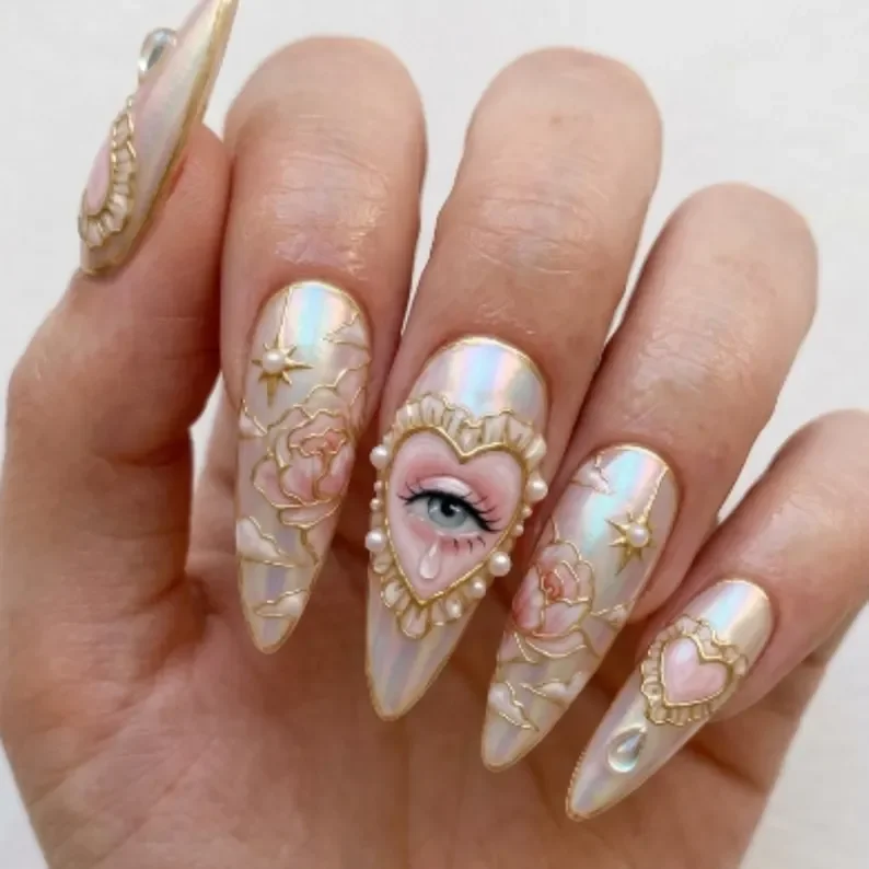 gold cloisonné, 3D stained glass, press on nails, custom press on nails, fake nails, Nails Art, stained glass nails, gold press on nails, 3d press on nails, luxury press on nails, handmade press on nails
