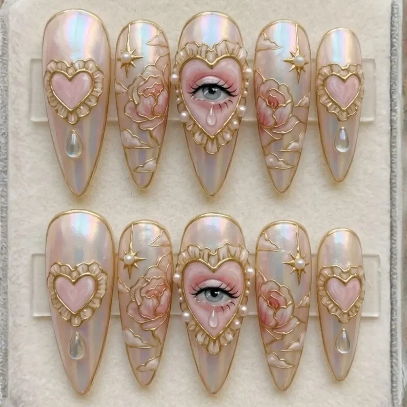 heart press ons, stained glass nails, press on nails, custom press on nails, fake nails, Nails Art, gold press on nails, 3d press on nails, luxury press on nails, handmade press on nails