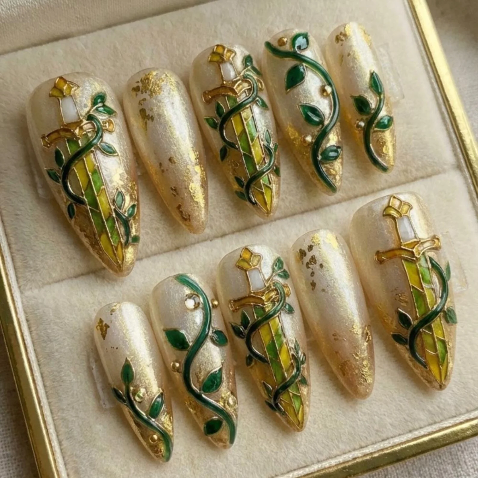 elven fantasy nails, forest fairy nails, press on nails, custom press on nails, fake nails, Nails Art, stained glass nails, gold press on nails, 3d press on nails, luxury press on nails, handmade press on nails