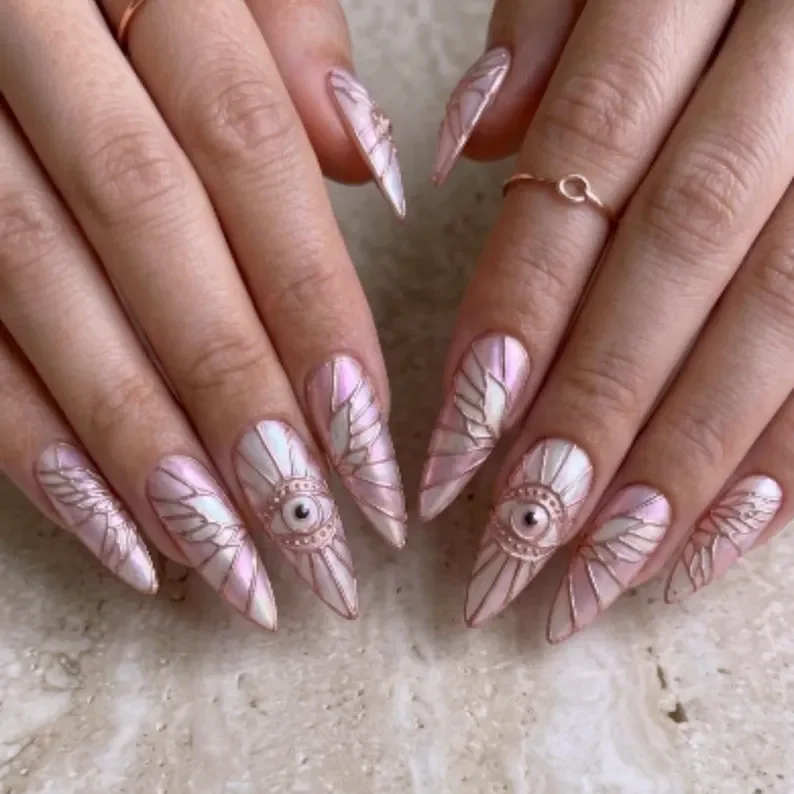 angel wings nails, evil eye decor, press on nails, custom press on nails, fake nails, Nails Art, stained glass nails, gold press on nails, 3d press on nails, luxury press on nails, handmade press on nails