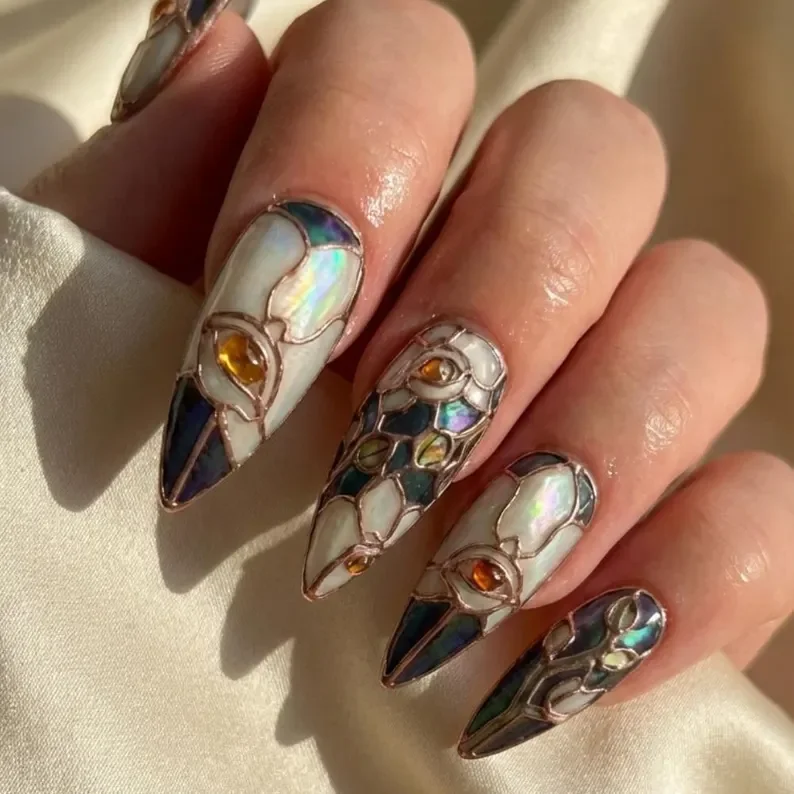 stained glass nails, press on nails, custom press on nails, fake nails, Nails Art, gold press on nails, 3d press on nails, luxury press on nails, handmade press on nails